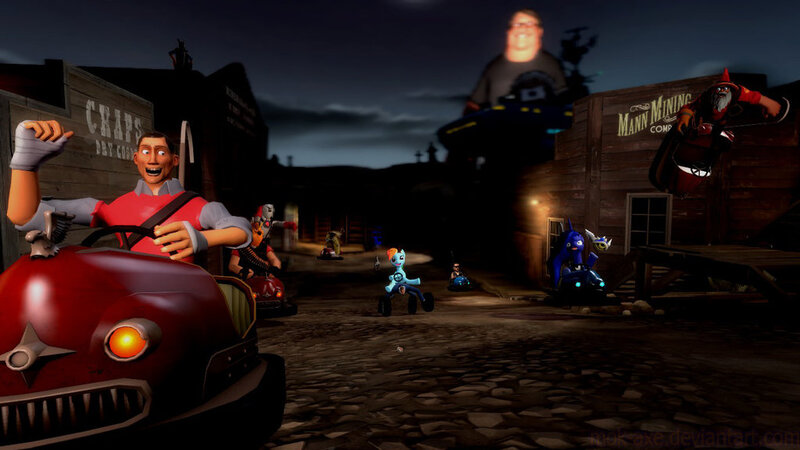 Size: 1024x576 | Tagged: 3d, artist:mok-axe, blue shell, bread monster, bumper cars, car, derpibooru import, engineer, francis, gabe newell, gamer luna, gmod, heavy weapons guy, left 4 dead, medic, meme, princess luna, race, rainbow dash, safe, scout, spy, team fortress 2, wat