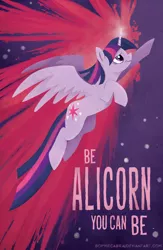 Size: 538x826 | Tagged: safe, artist:spainfischer, derpibooru import, twilight sparkle, twilight sparkle (alicorn), alicorn, pony, female, flying, mare, motivational, positive message, poster, simple background