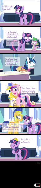 Size: 700x3195 | Tagged: safe, artist:dm29, derpibooru import, flash sentry, princess cadance, shining armor, spike, twilight sparkle, twilight sparkle (alicorn), alicorn, pony, battery, camcorder, comic, episodes from the crystal empire, female, flashlight, low battery, magic, male, mare, new crown, royal guard, shipping, straight, tumblr