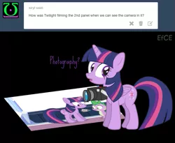 Size: 705x577 | Tagged: safe, artist:dm29, derpibooru import, spike, twilight sparkle, twilight sparkle (alicorn), alicorn, pony, ask, camera, duo, episodes from the crystal empire, female, mare, meta, tumblr