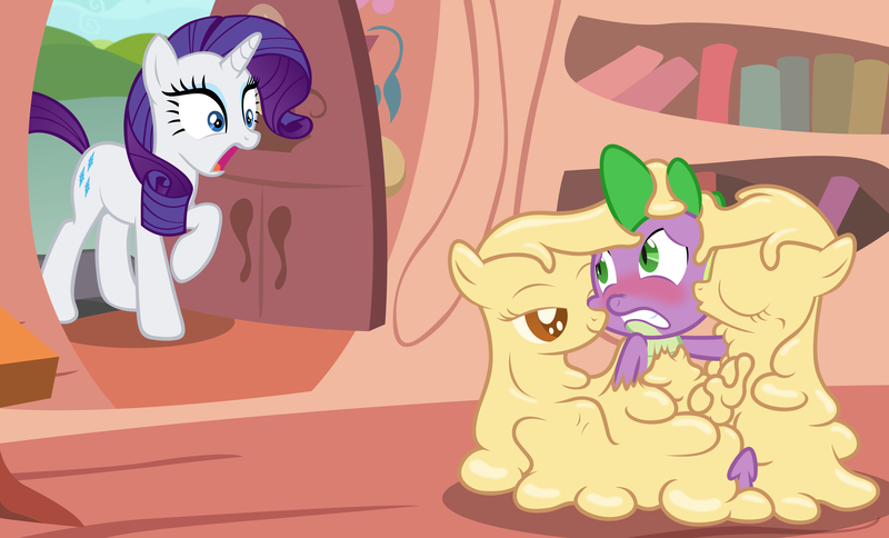 Size: 6576x3982 | Tagged: questionable, artist:badumsquish, derpibooru import, rarity, spike, oc, oc:abominapple, applesauce pony, goo pony, original species, abomination, absurd resolution, applesauce, caught, female, filly, foal, foalcon, magical lesbian spawn, male, offspring, parent:abominapple, parent:applejack, parent:twilight sparkle, parents:twijack, show accurate, show accurate porn, straight, struggling, wat, what did i walk in on