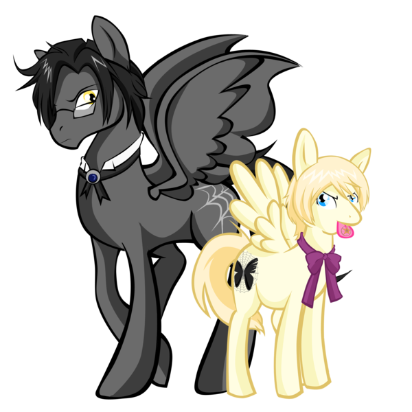 Size: 2000x2000 | Tagged: safe, artist:skittledeedoo, derpibooru import, oc, ponified, alicorn, pegasus, pony, alicorn oc, alois trancy, black butler, bow, bowtie, claude faustus, cutie mark, glasses, kuroshitsuji, simple background, tongue out, transparent background