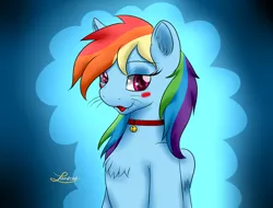 Size: 1280x973 | Tagged: artist:lordzid, bell, bell collar, blushing, cat, cat bell, collar, derpibooru import, fangs, rainbow dash, safe, solo, species swap, whiskers