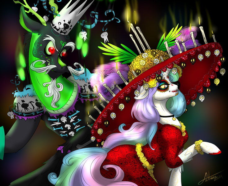 Size: 1280x1045 | Tagged: artist:fatcakes, cool hat, dia de los muertos, discord, la muerte, princess celestia, safe, the book of life, xibalba