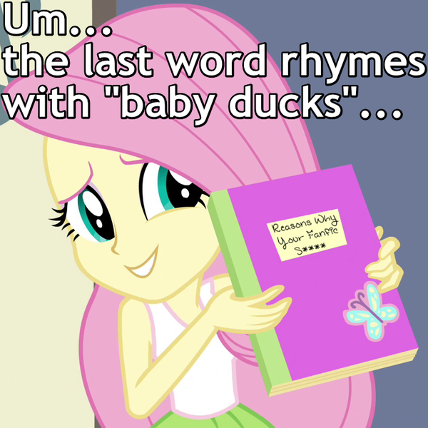 Size: 700x700 | Tagged: safe, derpibooru import, edit, edited screencap, screencap, fluttershy, fanfic, equestria girls, rainbow rocks, bad fanfic, caption, meta, notebook, reaction image, solo