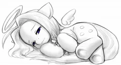 Size: 1198x641 | Tagged: safe, artist:alloyrabbit, derpibooru import, oc, oc:sugarcube, oc:ultramare, unofficial characters only, pony, angel, cuddling, giant pony, macro, micro, shoulder angel, side, size difference, sketch, sleeping, snuggling