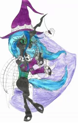 Size: 1024x1602 | Tagged: artist:goremistress, clothes, derpibooru import, hat, nightmare night, queen chrysalis, safe, smiling, solo, spider, spider web, traditional art, witch, witch hat