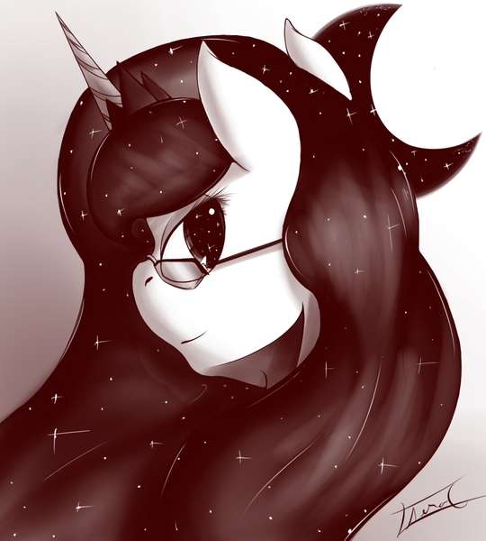 Size: 900x1000 | Tagged: artist:aerostoner, derpibooru import, glasses, monochrome, princess luna, safe, solo