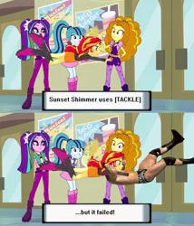 Size: 729x850 | Tagged: safe, derpibooru import, edit, screencap, adagio dazzle, aria blaze, sonata dusk, sunset shimmer, equestria girls, crossover, randy orton, rko outta nowhere, screencap comic, spear (move), the dazzlings, wwe