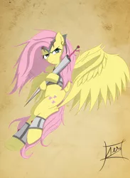 Size: 2200x3000 | Tagged: armor, artist:aerostoner, derpibooru import, flutterbadass, fluttershy, flying, frown, glare, lance, looking at you, safe, solo, spread wings, windswept mane