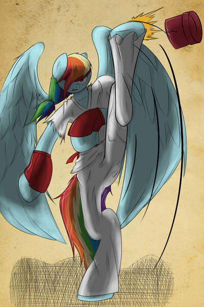 Size: 2000x3000 | Tagged: anthro, artist:aerostoner, derpibooru import, headband, kicking, rainbow dash, safe, solo