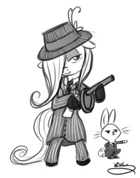 Size: 536x680 | Tagged: angel bunny, artist:bunnimation, derpibooru import, eyeshadow, fluttershy, gangster, gun, hair over one eye, safe, sketch, tommy gun