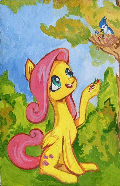 Size: 649x1000 | Tagged: artist:lexx2dot0, bird, cute, derpibooru import, feeding, fluttershy, gouache, looking up, nest, open mouth, safe, scenery, sitting, smiling, solo, traditional art, tree