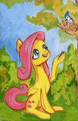 Size: 649x1000 | Tagged: artist:lexx2dot0, bird, cute, derpibooru import, feeding, fluttershy, gouache, looking up, nest, open mouth, safe, scenery, sitting, smiling, solo, traditional art, tree