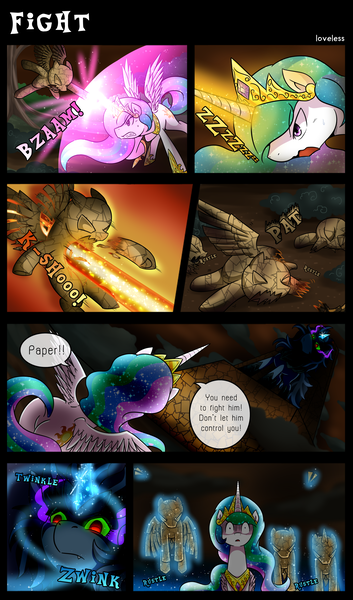 Size: 2000x3402 | Tagged: artist:vavacung, comic, comic:to love god - to love mortal, corrupted, derpibooru import, oc, oc:paper mache, princess celestia, safe, sombra eyes