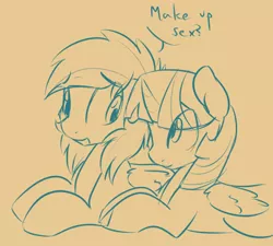 Size: 500x450 | Tagged: suggestive, artist:spiritcookie, derpibooru import, rainbow dash, twilight sparkle, twilight sparkle (alicorn), alicorn, pony, dialogue, female, lesbian, mare, monochrome, shipping, sketch, twidash