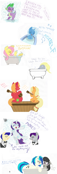 Size: 1089x3299 | Tagged: suggestive, artist:joey darkmeat, derpibooru import, applejack, big macintosh, derpy hooves, fluttershy, octavia melody, rarity, spike, trixie, vinyl scratch, dragon, earth pony, pegasus, pony, unicorn, all by myself, bath, bathtub, blushing, dueling banjos, eric carmen, eric weissberg, female, i kissed a girl, implied shipping, katy perry, lesbian, male, mare, scratchtavia, shipping, shower, singing, song reference, stallion, steve mandel, traditional art