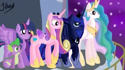 Size: 1280x720 | Tagged: safe, artist:jbond, derpibooru import, princess cadance, princess celestia, princess luna, spike, twilight sparkle, twilight sparkle (alicorn), alicorn, pony, alicorn tetrarchy, female, mare