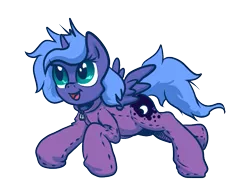 Size: 837x628 | Tagged: artist:desert-sage, clothes, derpibooru import, filly, footed sleeper, open mouth, pajamas, princess luna, safe, simple background, smiling, solo, spread wings, transparent background, woona
