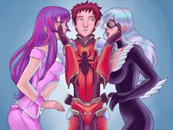 Size: 1024x770 | Tagged: amethyst sorceress, artist:rikudou, black cat, blushing, crossover, crossover shipping, derpibooru import, faceoff, felicia hardy, human, humanized, love triangle, peter parker, safe, shipping, spider-man, spider-man gets all the mares, spiders and magic: rise of spider-mane, spidertwi, twilight sparkle