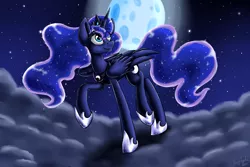 Size: 3000x2000 | Tagged: safe, artist:artyjoyful, derpibooru import, princess luna, alicorn, pony, cloud, cloudy, looking up, moon, night, raised hoof, smiling, solo