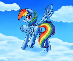 Size: 3000x2500 | Tagged: safe, artist:artyjoyful, derpibooru import, rainbow dash, cloud, cloudy, looking back, plot, smirk, solo, spread wings, underhoof