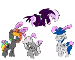 Size: 2265x1817 | Tagged: safe, artist:avizo-23, derpibooru import, oc, oc:jannie daze, oc:krylone, oc:wingedthoughts, oc:wisteria, unofficial characters only, earth pony, pegasus, pony, unicorn, ashamed, bunny ears, bunny tail, doubt, flying, happy, jannielone, laughing