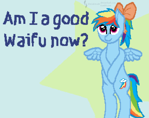 Size: 500x396 | Tagged: artist:thejakevale, bow, derpibooru import, rainbow dash, safe, waifu