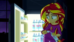 Size: 1280x720 | Tagged: safe, derpibooru import, screencap, sunset shimmer, equestria girls, rainbow rocks, clothes, off shoulder, pajamas, refrigerator, solo, whipped cream