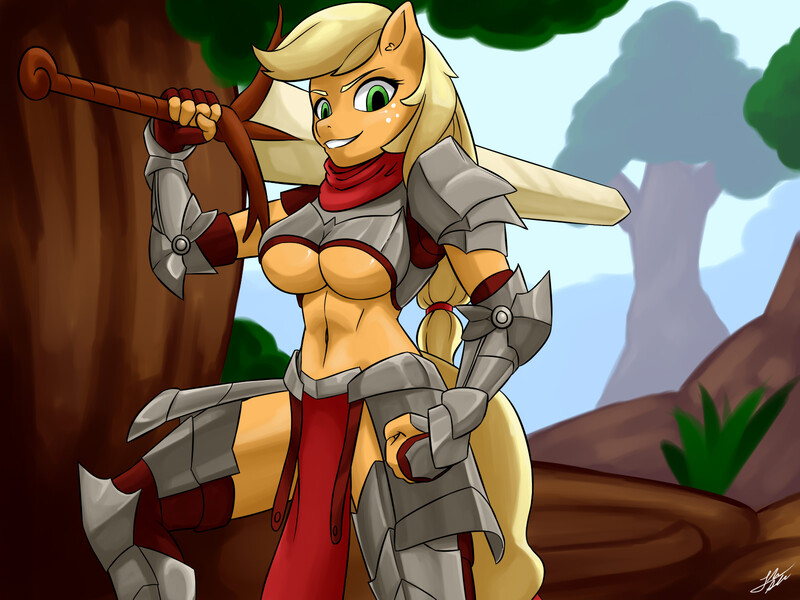 Size: 1600x1200 | Tagged: suggestive, artist:skecchiart, derpibooru import, applejack, anthro, armor, belly button, breasts, clothes, female, image, jpeg, loincloth, looking at you, nudity, smiling, smirk, solo, solo female, sword, unconvincing armor, underboob, weapon