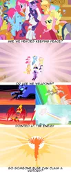 Size: 1280x3110 | Tagged: safe, derpibooru import, edit, edited screencap, screencap, applejack, discord, fluttershy, nightmare moon, pinkie pie, princess celestia, rainbow dash, rarity, spike, sunset shimmer, twilight sparkle, twilight sparkle (alicorn), alicorn, pony, equestria girls, equestria girls (movie), friendship is magic, the return of harmony, twilight's kingdom, elements of harmony, female, mane six, mare, op unintentionally started shit, rainbow power, rwby, sunset satan, time to say goodbye, tyrant celestia