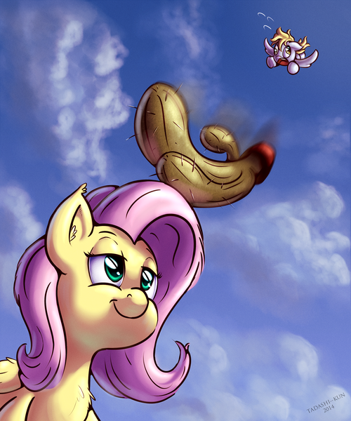 Size: 1250x1500 | Tagged: safe, artist:tadashi--kun, derpibooru import, derpy hooves, fluttershy, pegasus, pony, cactus, chest fluff, cloud, cloudy, ear fluff, falling, female, mare, motion blur, oblivious, sky, this will end in pain, this will end in tears