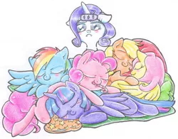 Size: 2100x1648 | Tagged: safe, artist:madisonlossen, derpibooru import, applejack, fluttershy, pinkie pie, rainbow dash, rarity, twilight sparkle, twilight sparkle (alicorn), alicorn, pony, candy cane, cuddle puddle, cuddling, female, mane six, mare, sleep mask, sleeping, traditional art