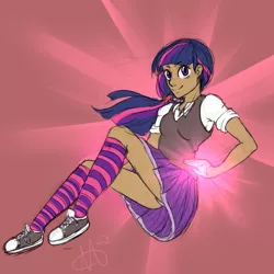 Size: 1000x1000 | Tagged: artist:skippyrip, breasts, clothes, converse, dark skin, derpibooru import, human, humanized, kneesocks, magic, miniskirt, panties, schoolgirl, school uniform, shirt, skirt, sneakers, socks, solo, striped socks, suggestive, twilight sparkle, underwear, upskirt, vest