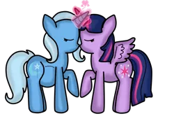 Size: 1024x709 | Tagged: safe, artist:preggyponies-4u, derpibooru import, trixie, twilight sparkle, twilight sparkle (alicorn), alicorn, pony, belly, female, horns are touching, lesbian, magic, magical lesbian spawn, mare, nuzzling, offspring, pregnant, shipping, simple background, transparent background, twixie