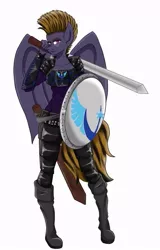 Size: 481x750 | Tagged: safe, artist:bookxworm89, derpibooru import, oc, oc:ester, unofficial characters only, anthro, bat pony, anthro oc, armor, new lunar republic, shield, solo, sword