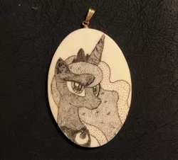 Size: 1721x1557 | Tagged: artist:archiveit1, craft, derpibooru import, portrait, princess luna, pyrography, safe, scrimshaw, solo, traditional art, woodwork