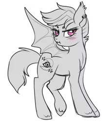 Size: 400x442 | Tagged: safe, artist:lulubell, derpibooru import, oc, oc:night watch, unofficial characters only, bat pony, pony, blushing, pouting, simple background, white background