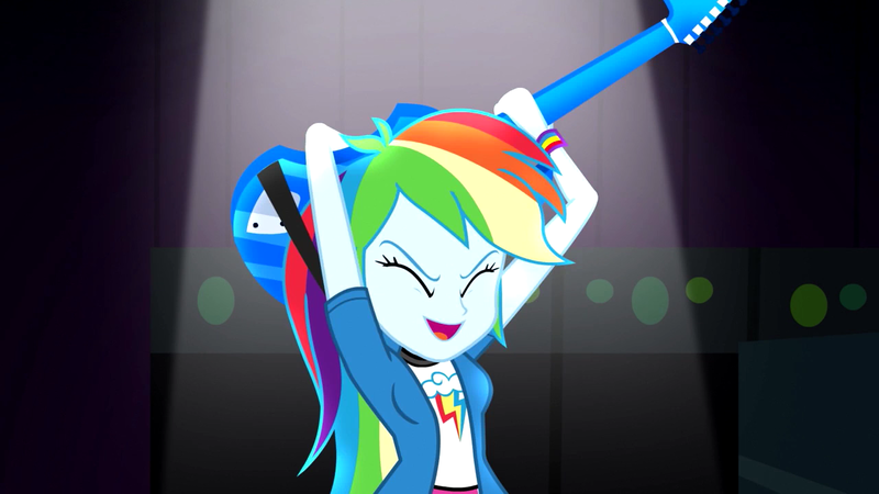 Size: 1280x720 | Tagged: safe, derpibooru import, screencap, rainbow dash, equestria girls, rainbow rocks, cute, eyes closed, guitar, open mouth, smiling, solo