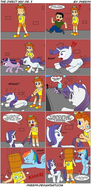 Size: 1015x2100 | Tagged: artist:pheeph, barrel, comic, crossover, derpibooru import, princess daisy, rainbow dash, rarity, safe, super mario bros., super mario land, the direct way, twilight sparkle