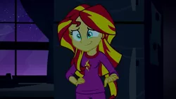 Size: 1280x720 | Tagged: safe, derpibooru import, screencap, sunset shimmer, equestria girls, rainbow rocks, clothes, pajamas, solo