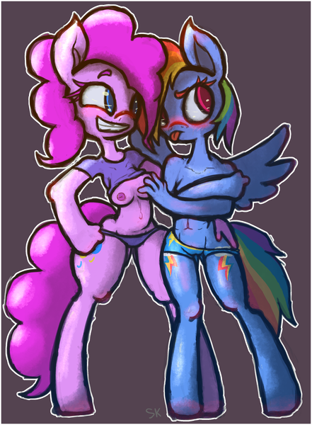Size: 2547x3465 | Tagged: questionable, artist:slitherkitty, derpibooru import, pinkie pie, rainbow dash, anthro, blue underwear, blushing, boyshorts, breasts, clothes, female, grope, lesbian, nipples, panties, pinkiedash, purple underwear, shipping, topless, underwear, wide hips