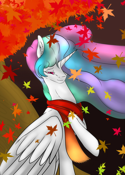 Size: 1000x1400 | Tagged: artist:backlash91, autumn, clothes, derpibooru import, hair over one eye, leaves, princess celestia, raised hoof, safe, scarf, smiling, solo