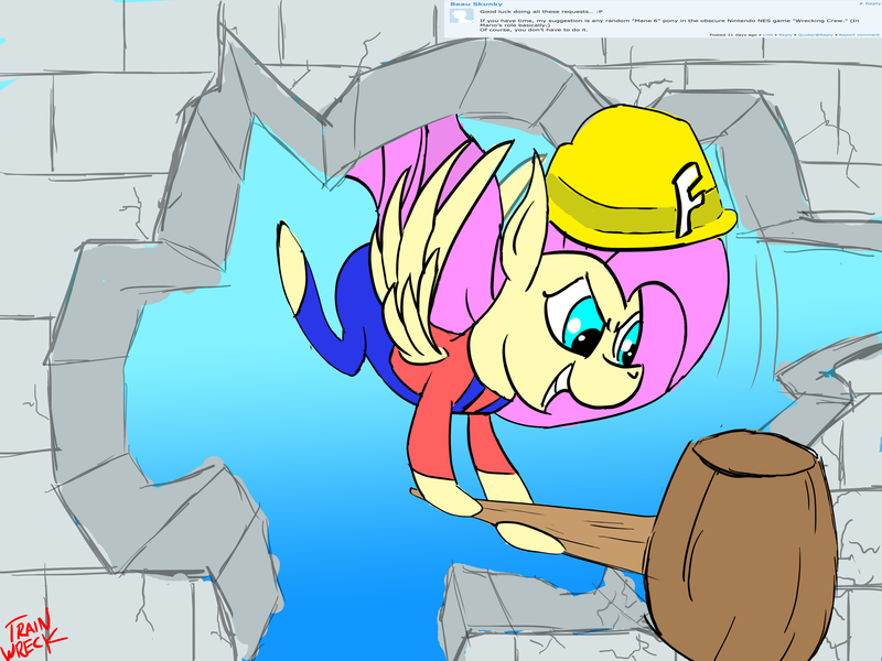 Size: 4000x3000 | Tagged: artist:train wreck, clothes, commission, cosplay, costume, crossover, derpibooru import, fluttershy, hammer, implied hammers, mario, nintendo, nintendo entertainment system, parody, request, safe, super mario bros., wrecking crew