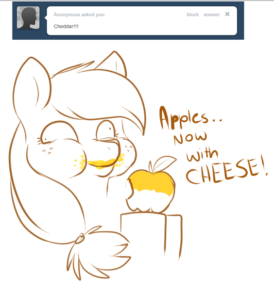 Size: 778x828 | Tagged: artist needed, safe, derpibooru import, applejack, apple, ask, cheese, solo, tumblr