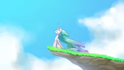Size: 1920x1080 | Tagged: safe, derpibooru import, princess celestia, cliff, curved horn, eyes closed, relaxed, sitting, sky, solo, windswept mane