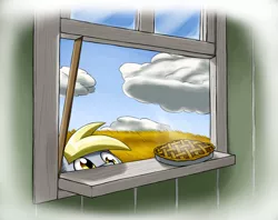 Size: 4103x3250 | Tagged: safe, artist:otakuap, derpibooru import, derpy hooves, pegasus, pony, cloud, cloudy, eyes on the prize, female, mare, pie, pure unfiltered evil, solo, soon, window