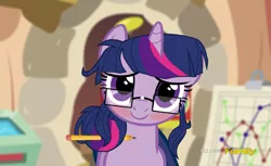 Size: 1182x723 | Tagged: safe, artist:shutterflyeqd, derpibooru import, sci-twi, twilight sparkle, ponified, equestria girls, adorkable, blushing, cute, discovery family logo, dork, equestria girls ponified, fake screencap, female, glasses, looking at you, messy mane, pencil, smiling, solo, unicorn sci-twi