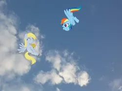 Size: 2592x1944 | Tagged: safe, artist:ocarina0ftimelord, artist:tokkazutara1164, derpibooru import, derpy hooves, rainbow dash, pegasus, pony, eating, female, floating, irl, mare, muffin, photo, ponies in real life, sky, vector