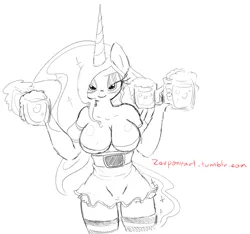 Size: 1280x1199 | Tagged: anthro, artist:zev, beer, breasts, busty nightmare moon, cleavage, dirndl, edit, female, nicemare moon, nightmare moon, oktoberfest, simple background, sketch, stockings, stupid sexy nightmare moon, suggestive